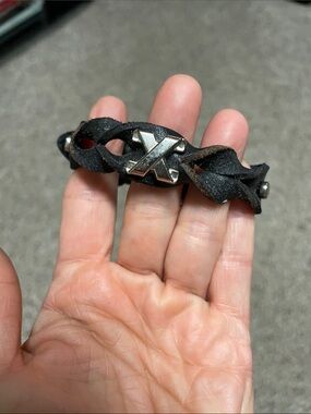 Black Braided Leather Bracelet with Silver X Accent